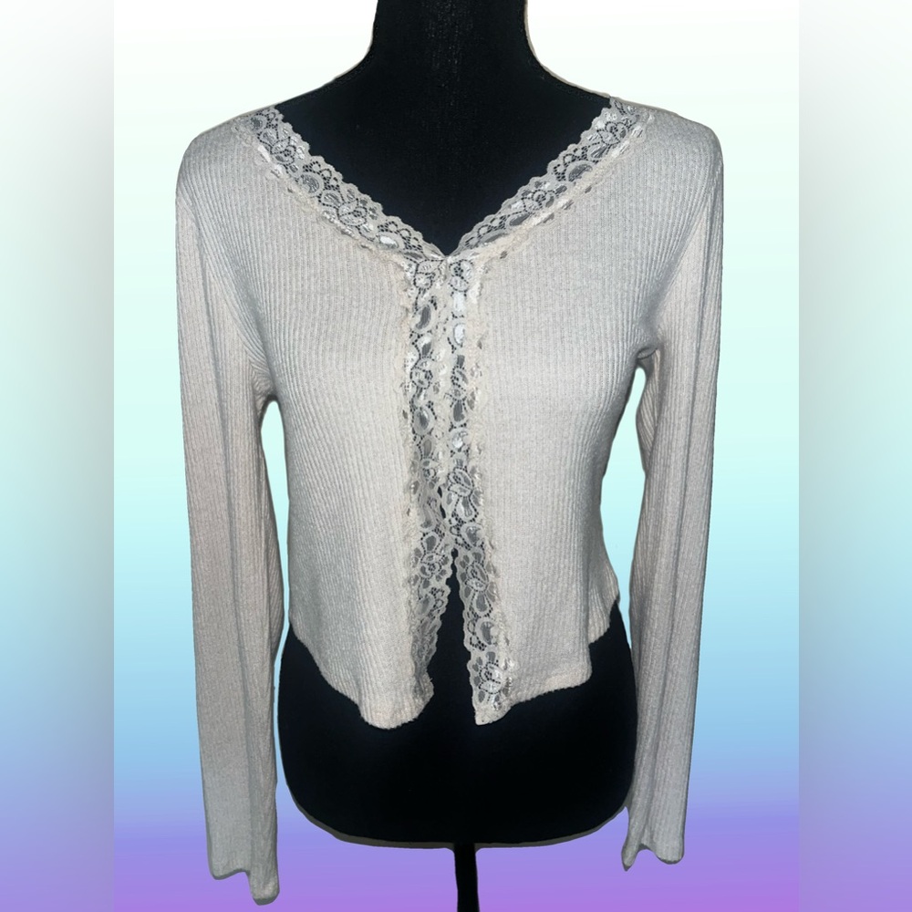 Women's Cream Lace-Trim Rib Knit Top